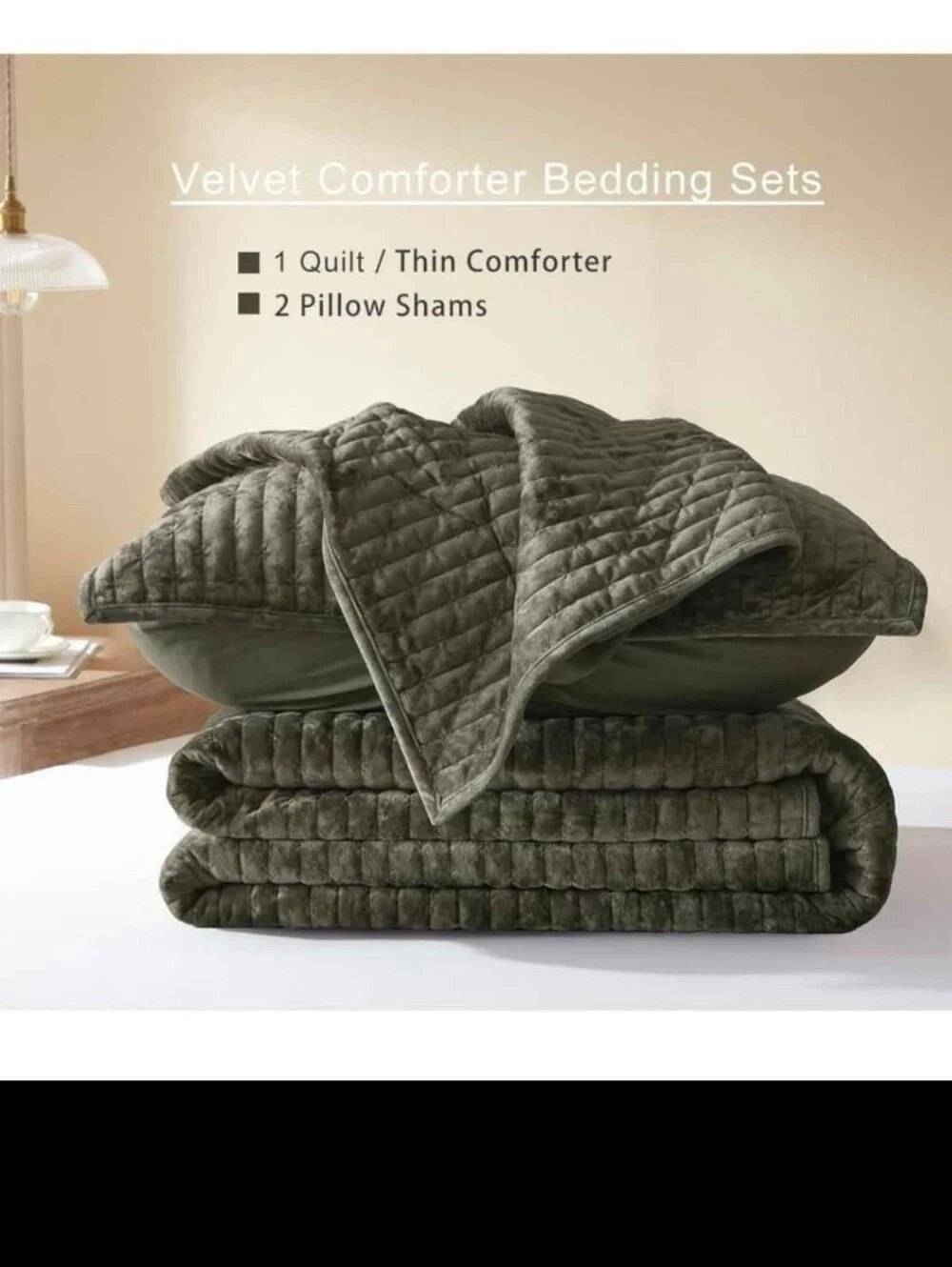 Velvet Quilt Set Full/Queen Size 90''x98'', Lightweight Olive Green Velvet